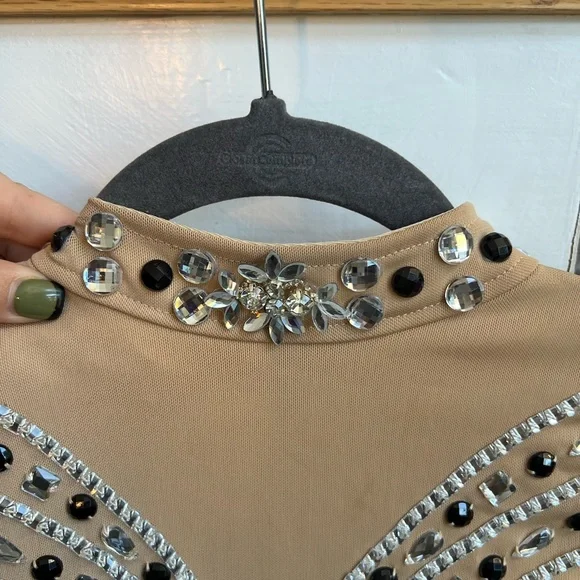 Glamour, Beaded & Jeweled Tan & Black Dance Costume w/ Built-in Leotard, Adult S - Picture 4 of 6